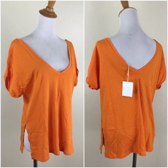 NWT ZARA Orange V Front & Back Short Cuffed Sleeve Slit Hem Loose Fit Shirt - Picture 1 of 12